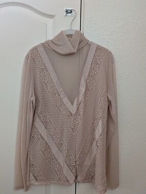 Guess Blush Sheer Lace Chevron Long-Sleeve Mock Neck Top